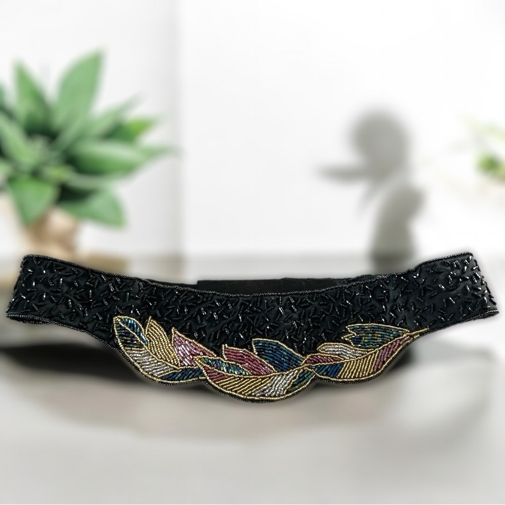 Beaded Vintage Black Gold Multi Colored Feather Cummerbund Wide Belt Size M